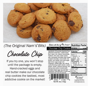 Chocolate chip cookies with a label and nutrition facts on a white background