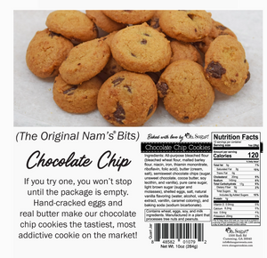 Chocolate chip cookies with a label on a white background