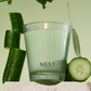 Clear glass with 'NEST New York' branding surrounded by sliced cucumbers on a light green background