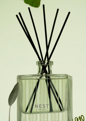 Clear diffuser bottle with black sticks and 'Nest' branding on a light background
