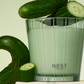 Cucumber slices and a glass of water with 'NEST New York' branding on a light background