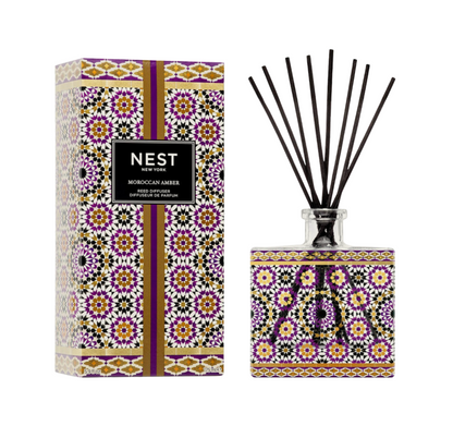 NEST New York Moroccan Amber diffuser with decorative packaging on a white background
