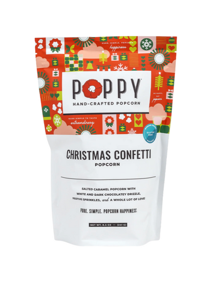 Packaging of Poppy Christmas Confetti popcorn with festive design