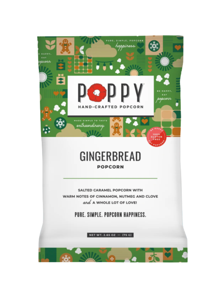 Packaging of Poppy hand-crafted popcorn in gingerbread flavor on a white background