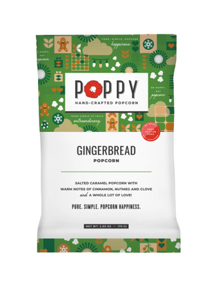 Packaging of Poppy hand-crafted popcorn in gingerbread flavor on a white background