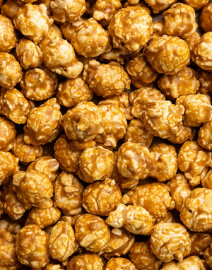 Close-up of caramel popcorn with a focus on texture and color.