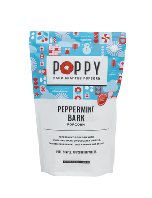 Poppy hand-crafted popcorn peppermint bark packaging on a white background