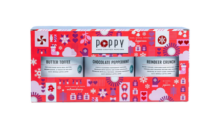 Poppy handcrafted popcorn packaging with three flavors on a white background