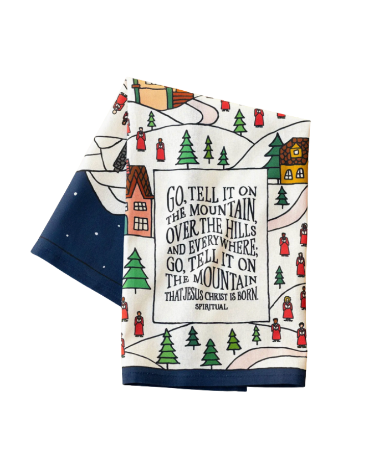 Decorative towel with Christmas-themed design and lyrics on a white background