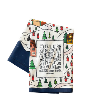 Decorative towel with Christmas-themed design and lyrics on a white background