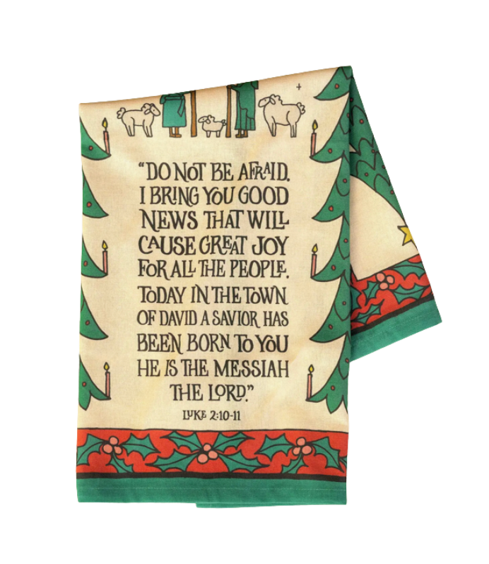 Decorative towel with Christmas-themed design and Bible verse text on a white background