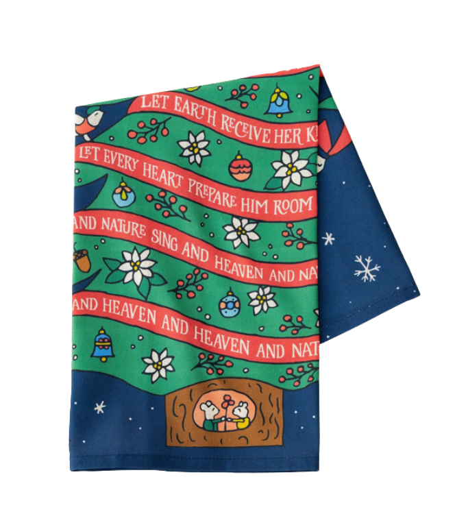 Decorative towel with festive design, text, and illustrations on a white background