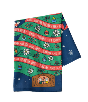 Decorative towel with festive design, text, and illustrations on a white background