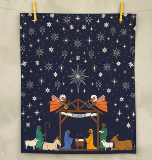 Nativity scene with angels and stars on a dark blue background, hanging on a line.