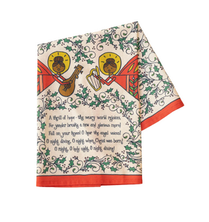 Decorative towel with angel design and text on a white background