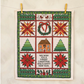 Decorative Christmas-themed quilt with festive patterns and text on a beige background.