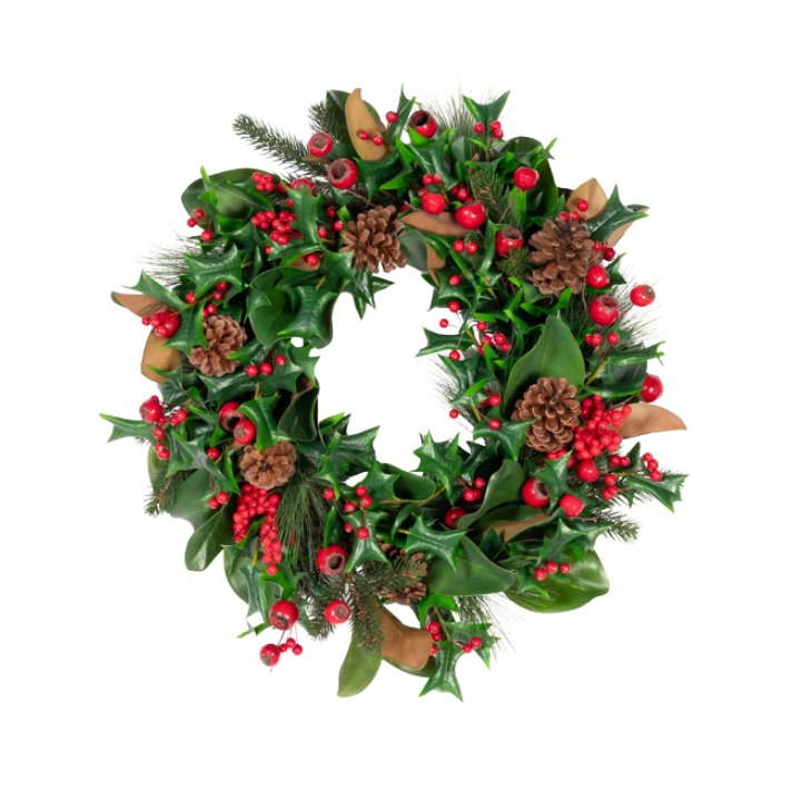 Christmas wreath with green leaves, red berries, and pinecones on a white background