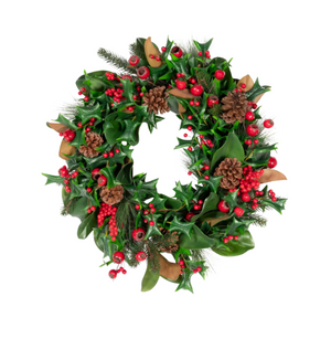 Christmas wreath with green leaves, red berries, and pinecones on a white background