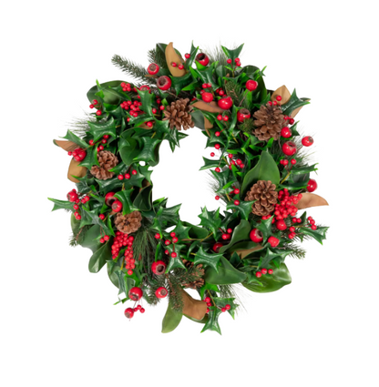 Christmas wreath with green leaves, red berries, and pinecones on a white background
