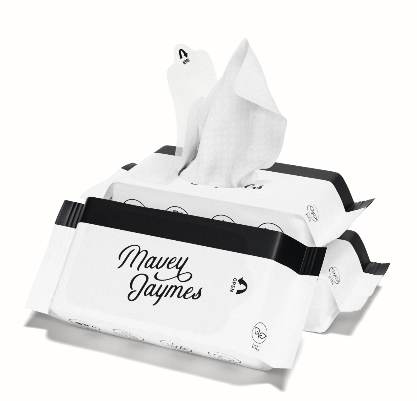 Tissue packaging with 'Mavey Jaymes' branding on a white background