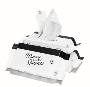 Tissue packaging with 'Mavey Jaymes' branding on a white background