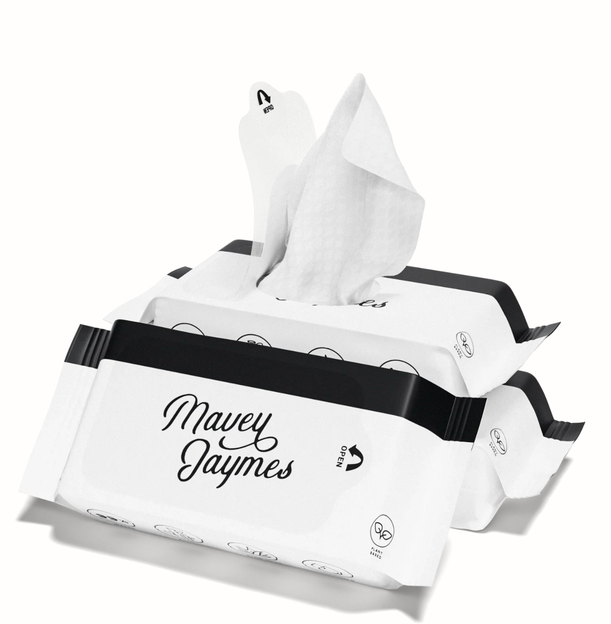 Tissue packaging with 'Mavey Jaymes' branding on a white background