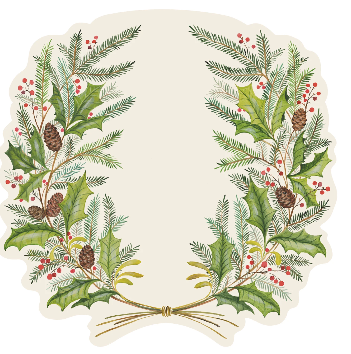 Decorative paper plate with holly leaves, berries, and pine cones on a white background