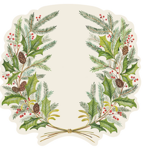 Decorative paper plate with holly leaves, berries, and pine cones on a white background