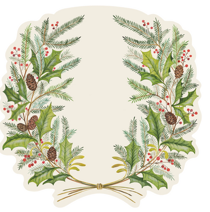 Decorative paper plate with holly leaves, berries, and pine cones on a white background