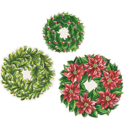 Three decorative wreaths with green leaves and red berries on a white background
