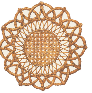 Woven rattan placemat with a star-like pattern on a white background