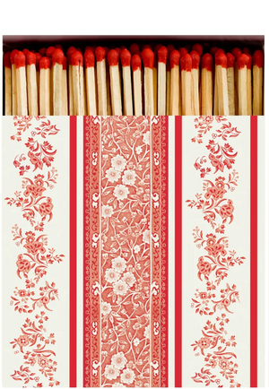Matches in a decorative box with floral and striped pattern