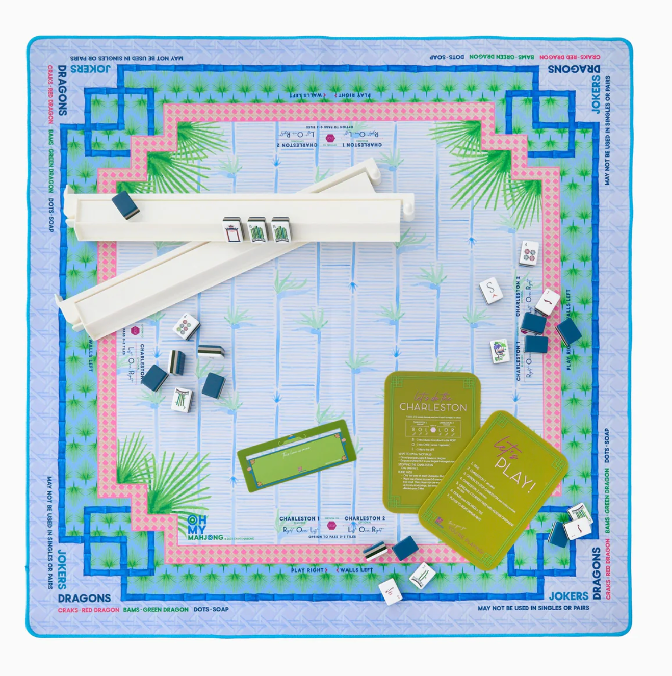 Board game setup with cards and pieces on a detailed game board