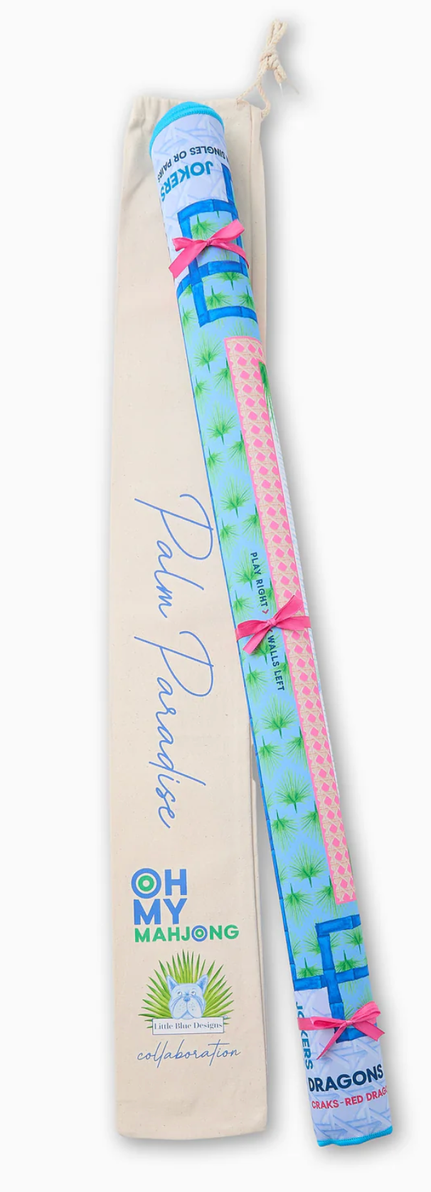 Mahjong mat rolled up with decorative packaging on a white background