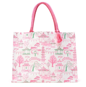 Mahjong Pink & Green Block Print Tote Bag