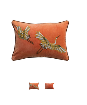 Cotton Velvet Lumbar Pillow w Embroidered Herons
