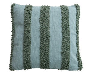 20" Square Cotton Pillow with Tufted Stripes, Green
