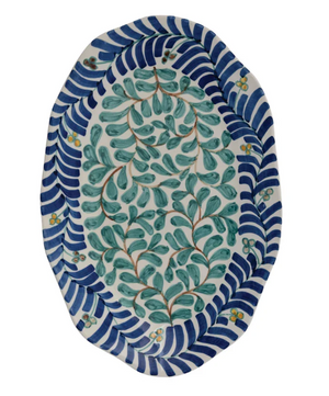 Oval Hand Painted Stoneware Platter w Vines Design