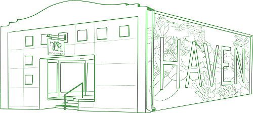 Line drawing of a building with a mural on the side.